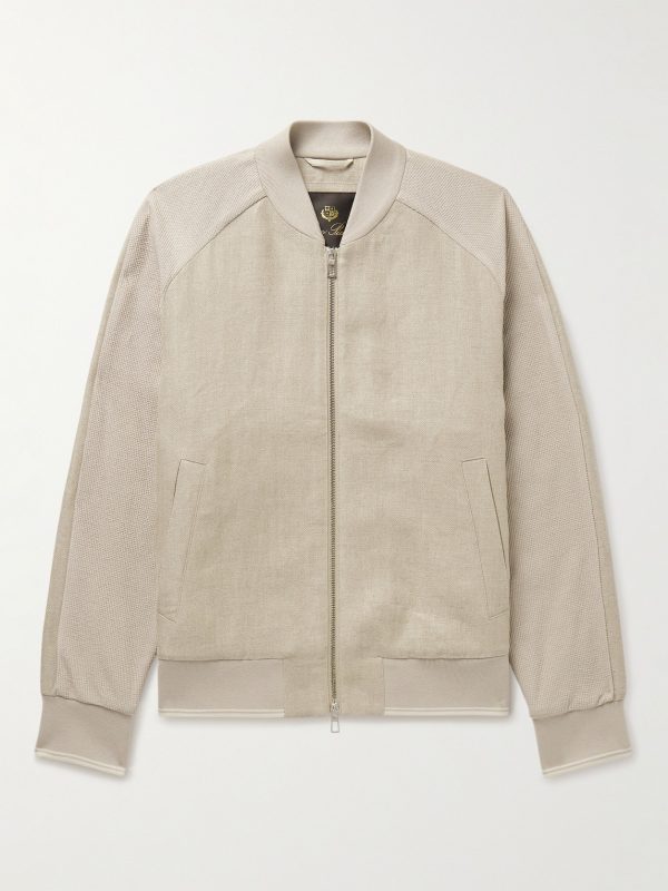Herringbone and Waffle-Knit Linen Bomber Jacket Herringbone and Waffle-Knit Linen Bomber Jacket