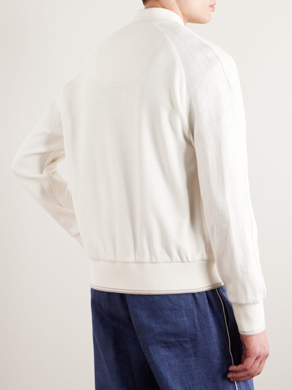 Panelled Herringbone and Waffle-Knit Linen and Silk Bomber Jacket - BK Panelled Herringbone and Waffle-Knit Linen and Silk Bomber Jacket - BK