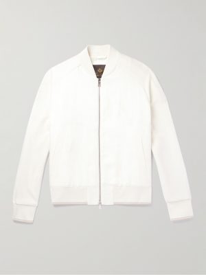 Panelled Herringbone and Waffle-Knit Linen and Silk Bomber Jacket