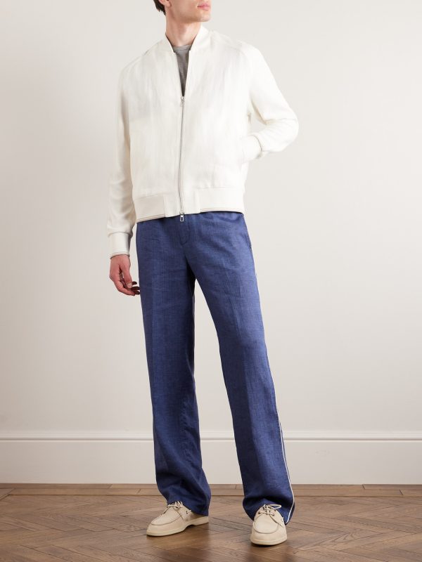 Panelled Herringbone and Waffle-Knit Linen and Silk Bomber Jacket - OU Panelled Herringbone and Waffle-Knit Linen and Silk Bomber Jacket - OU