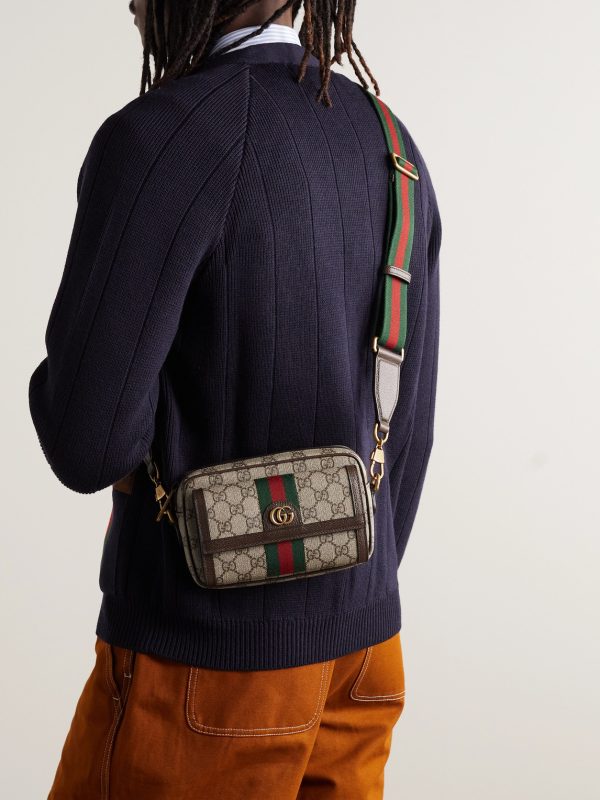 Ophidia Mini Leather-Trimmed Monogrammed Coated-Canvas Messenger Bag - OU Ophidia Mini Leather-Trimmed Monogrammed Coated-Canvas Messenger Bag - OU