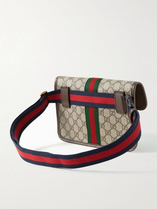 Ophidia Leather and Webbing-Trimmed Monogrammed Coated-Canvas Belt Bag - BK Ophidia Leather and Webbing-Trimmed Monogrammed Coated-Canvas Belt Bag - BK