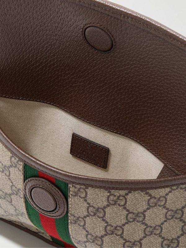 Ophidia Leather and Webbing-Trimmed Monogrammed Coated-Canvas Belt Bag - E1 Ophidia Leather and Webbing-Trimmed Monogrammed Coated-Canvas Belt Bag - E1