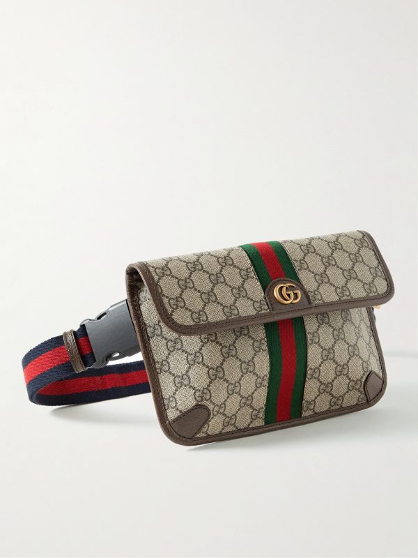 Ophidia Leather and Webbing-Trimmed Monogrammed Coated-Canvas Belt Bag Ophidia Leather and Webbing-Trimmed Monogrammed Coated-Canvas Belt Bag