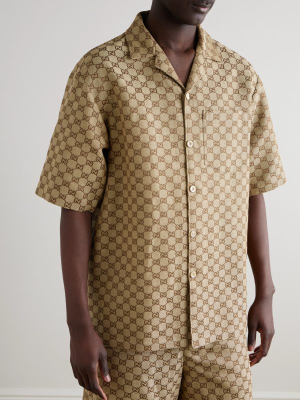 Camp-Collar Monogrammed Linen-Blend Jacquard Shirt - FR