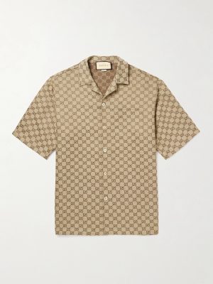 Camp-Collar Monogrammed Linen-Blend Jacquard Shirt