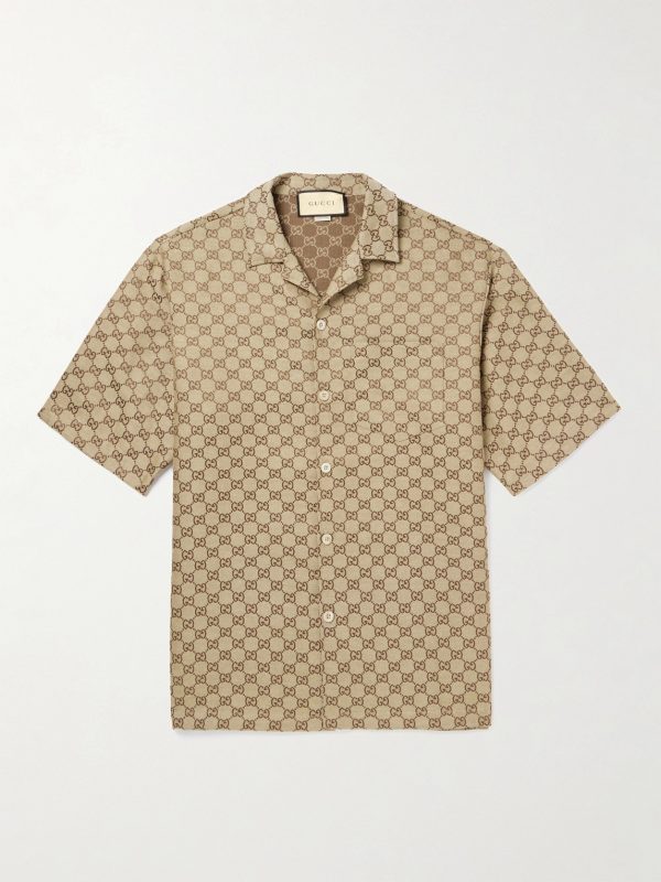 Camp-Collar Monogrammed Linen-Blend Jacquard Shirt