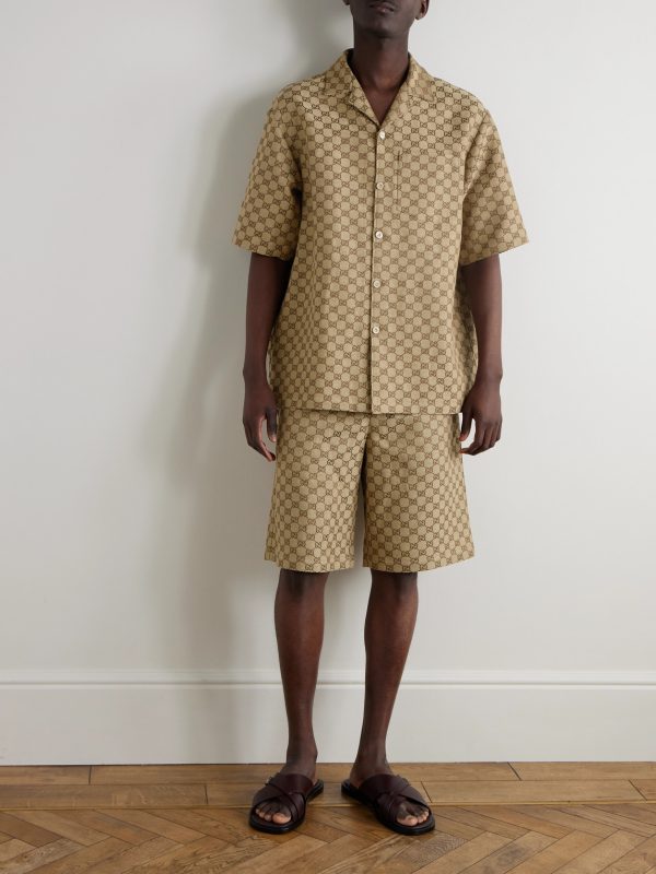 Camp-Collar Monogrammed Linen-Blend Jacquard Shirt - OU