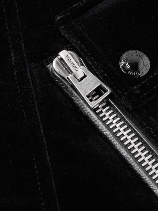 Leather-Trimmed Cotton-Velvet Biker Jacket - E1
