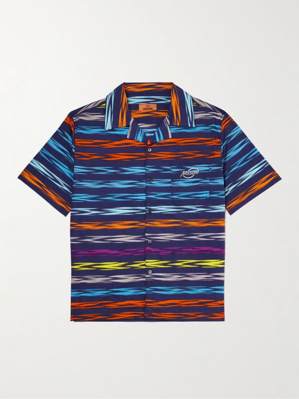 Camp-Collar Logo-Print Striped Cotton-Poplin Shirt Camp-Collar Logo-Print Striped Cotton-Poplin Shirt
