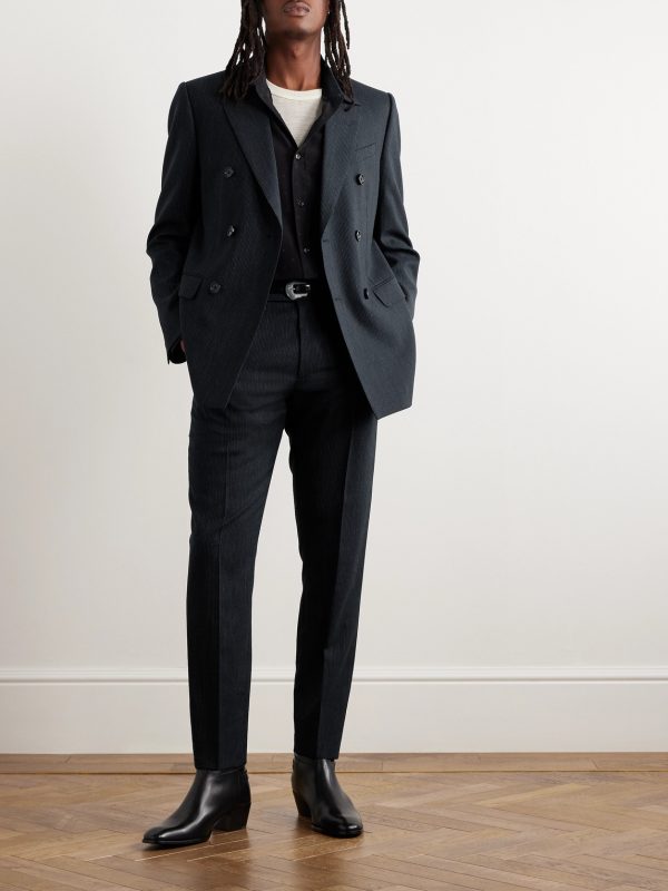 Slim-Fit Double-Breasted Pinstriped Wool Blazer - OU Slim-Fit Double-Breasted Pinstriped Wool Blazer - OU