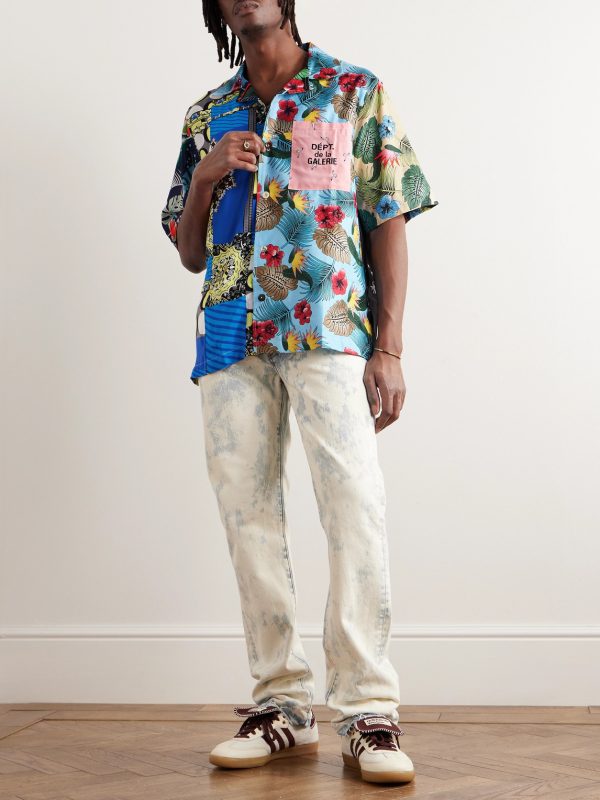 Parker Camp-Collar Logo-Embroidered Patchwork Floral-Print Woven Shirt - OU Parker Camp-Collar Logo-Embroidered Patchwork Floral-Print Woven Shirt - OU