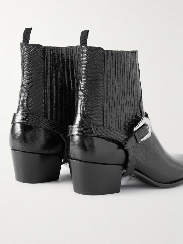 Buckled Lizard-Effect Leather Chelsea Boots - BK Buckled Lizard-Effect Leather Chelsea Boots - BK