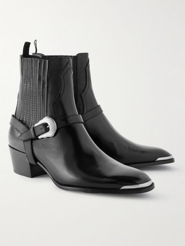 Buckled Lizard-Effect Leather Chelsea Boots - FR Buckled Lizard-Effect Leather Chelsea Boots - FR