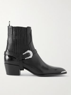 Buckled Lizard-Effect Leather Chelsea Boots