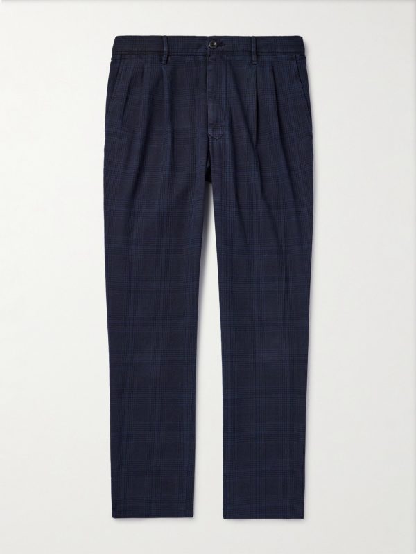 Straight-Leg Pleated Prince of Wales Checked Cotton-Blend Trousers