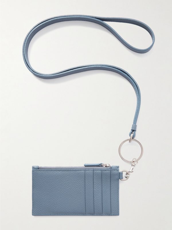 Logo-Print Full-Grain Leather Cardholder with Lanyard - BK