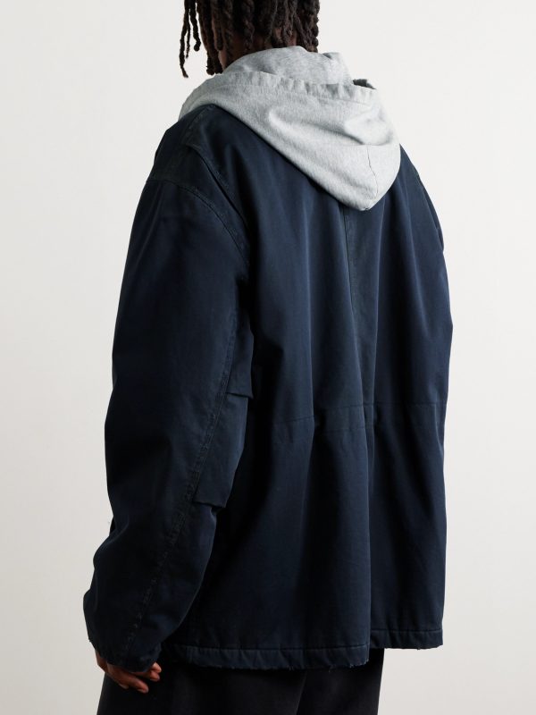 Oversized Jersey-Trimmed Distressed Organic Cotton-Blend Gabardine Parka - BK Oversized Jersey-Trimmed Distressed Organic Cotton-Blend Gabardine Parka - BK
