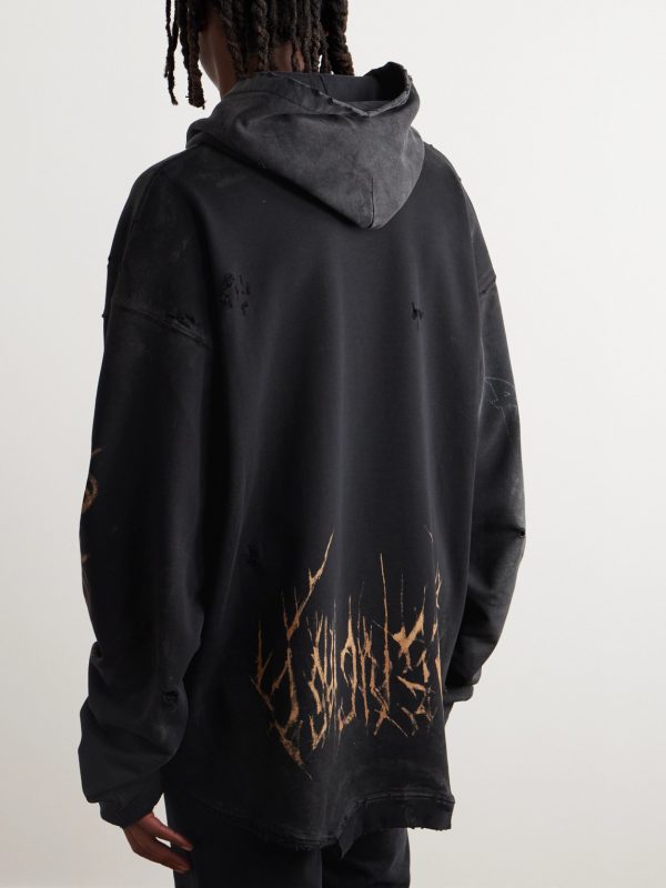Oversized Distressed Printed Cotton-Jersey Hoodie - BK Oversized Distressed Printed Cotton-Jersey Hoodie - BK