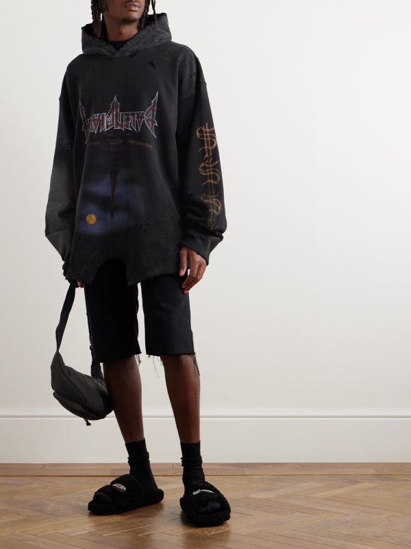 Oversized Distressed Printed Cotton-Jersey Hoodie - OU Oversized Distressed Printed Cotton-Jersey Hoodie - OU