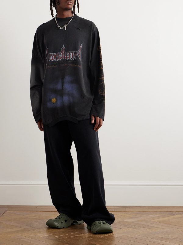 Oversized Distressed Logo-Print Stretch-Cotton Jersey T-Shirt - OU Oversized Distressed Logo-Print Stretch-Cotton Jersey T-Shirt - OU