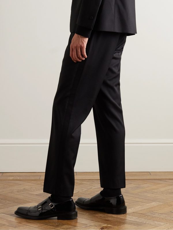 Tapered Grosgrain-Trimmed Wool Drawstring Tuxedo Trousers - BK Tapered Grosgrain-Trimmed Wool Drawstring Tuxedo Trousers - BK