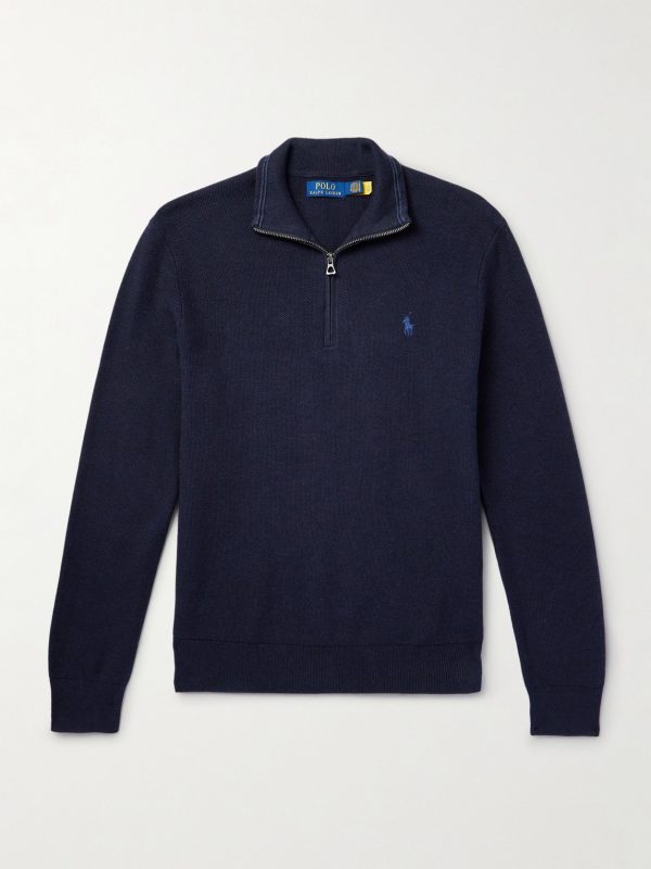 Logo-Embroidered Honeycomb-Knit Cotton Half-Zip Sweater Logo-Embroidered Honeycomb-Knit Cotton Half-Zip Sweater