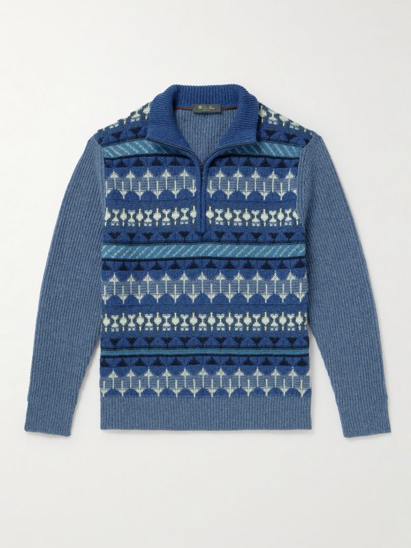 Fair Isle Ribbed-Knit Cashmere Half-Zip Sweater