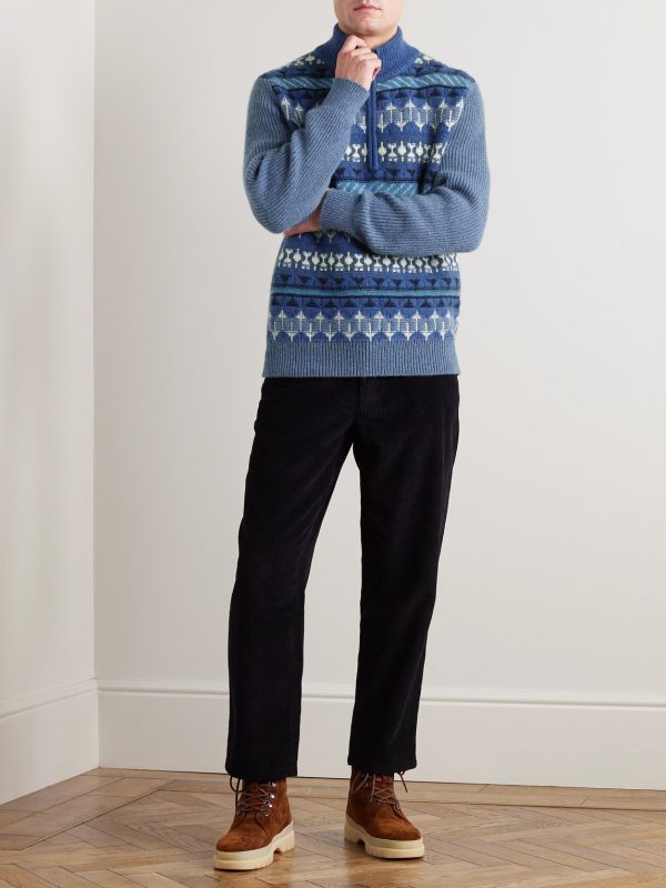 Fair Isle Ribbed-Knit Cashmere Half-Zip Sweater - OU