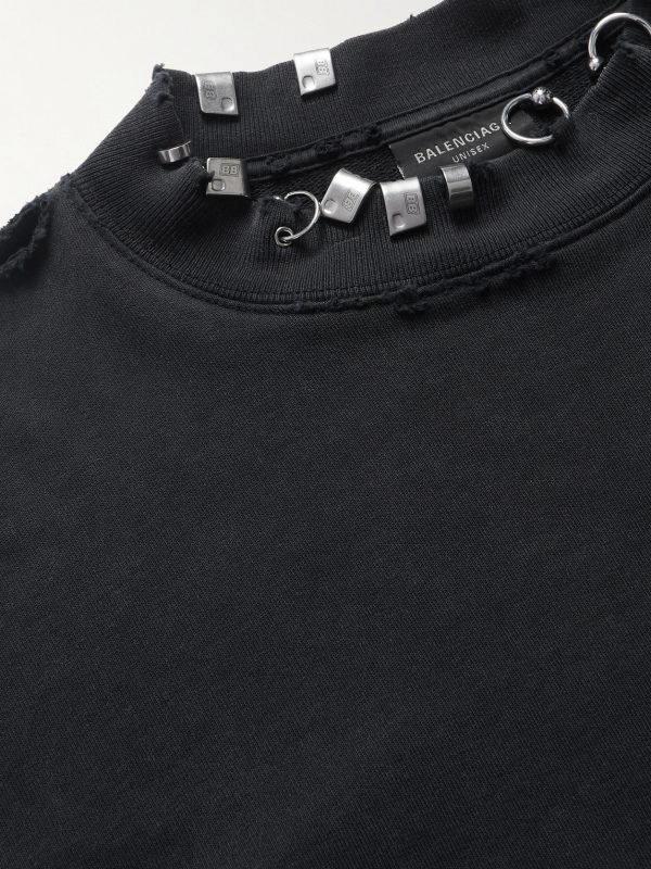 Pierced Embellished Distressed Cotton-Jersey Sweatshirt - CU Pierced Embellished Distressed Cotton-Jersey Sweatshirt - CU