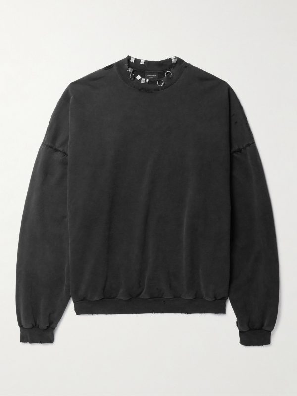 Pierced Embellished Distressed Cotton-Jersey Sweatshirt Pierced Embellished Distressed Cotton-Jersey Sweatshirt