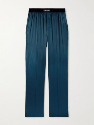 Velvet-Trimmed Stretch-Silk Satin Pyjama Trousers