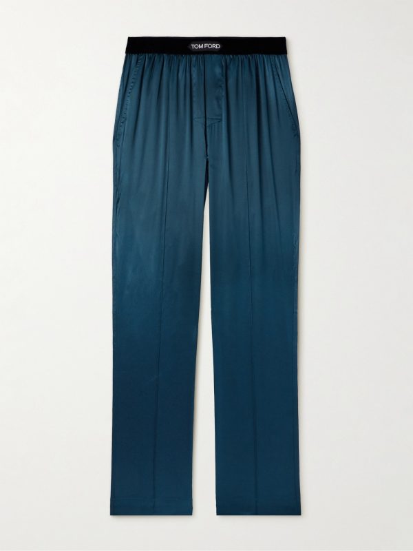 Velvet-Trimmed Stretch-Silk Satin Pyjama Trousers