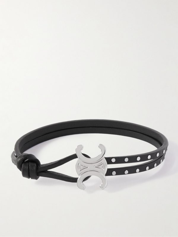 Triomphe Studded Leather and Silver-Tone Bracelet