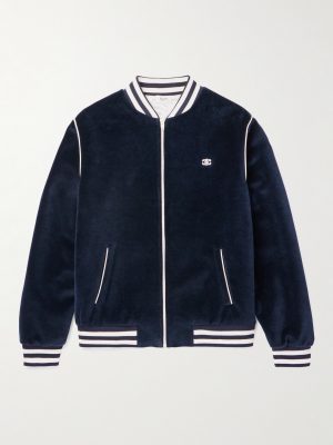 Striped Logo-Embroidered Cotton-Blend Velour Varsity Jacket