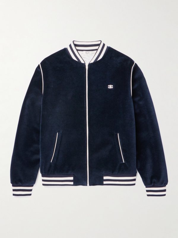 Striped Logo-Embroidered Cotton-Blend Velour Varsity Jacket Striped Logo-Embroidered Cotton-Blend Velour Varsity Jacket