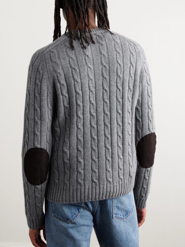 Suede-Trimmed Cable-Knit Cashmere Sweater - BK Suede-Trimmed Cable-Knit Cashmere Sweater - BK