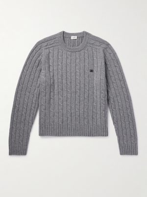 Suede-Trimmed Cable-Knit Cashmere Sweater