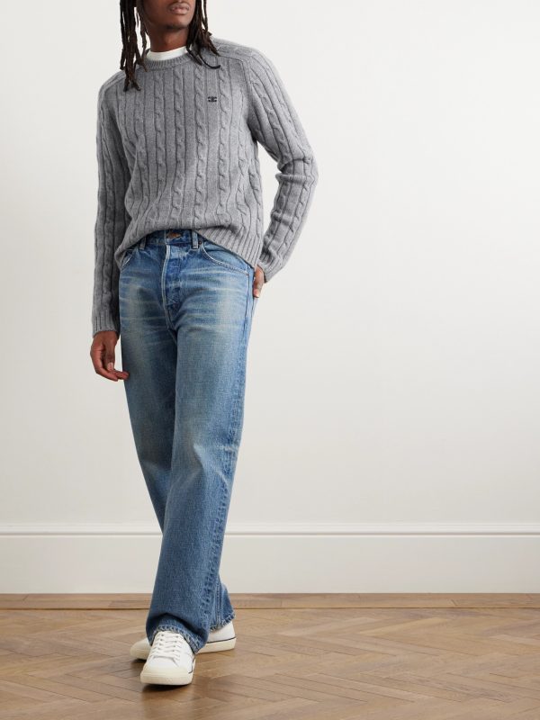Suede-Trimmed Cable-Knit Cashmere Sweater - OU Suede-Trimmed Cable-Knit Cashmere Sweater - OU
