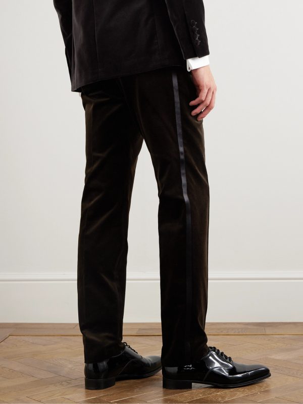 Straight-Leg Pleated Satin-Trimmed Cotton-Velvet Tuxedo Trousers - BK