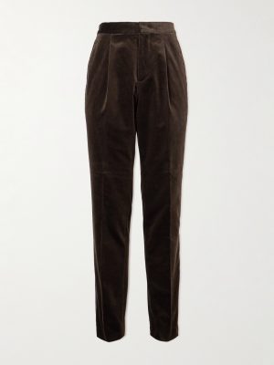 Straight-Leg Pleated Satin-Trimmed Cotton-Velvet Tuxedo Trousers