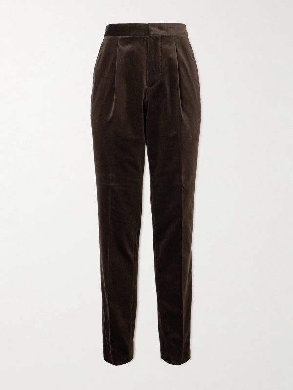 Straight-Leg Pleated Satin-Trimmed Cotton-Velvet Tuxedo Trousers