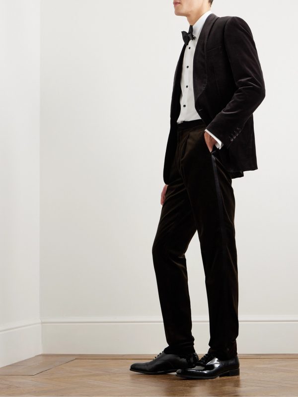 Straight-Leg Pleated Satin-Trimmed Cotton-Velvet Tuxedo Trousers - OU