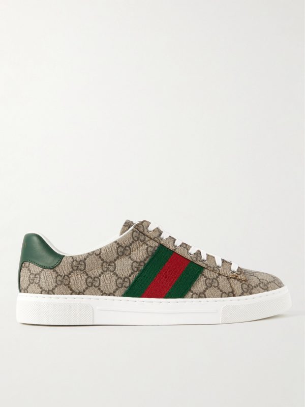 Ace Leather and Webbing-Trimmed Monogrammed Canvas Sneakers Ace Leather and Webbing-Trimmed Monogrammed Canvas Sneakers