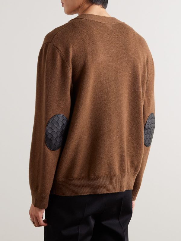 Intrecciato Leather-Trimmed Cashmere-Blend Cardigan - BK Intrecciato Leather-Trimmed Cashmere-Blend Cardigan - BK