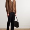 Intrecciato Leather-Trimmed Cashmere-Blend Cardigan - OU Intrecciato Leather-Trimmed Cashmere-Blend Cardigan - OU