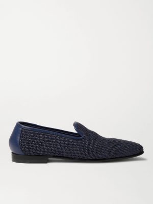 Mario Leather-Trimmed Raffia Loafers
