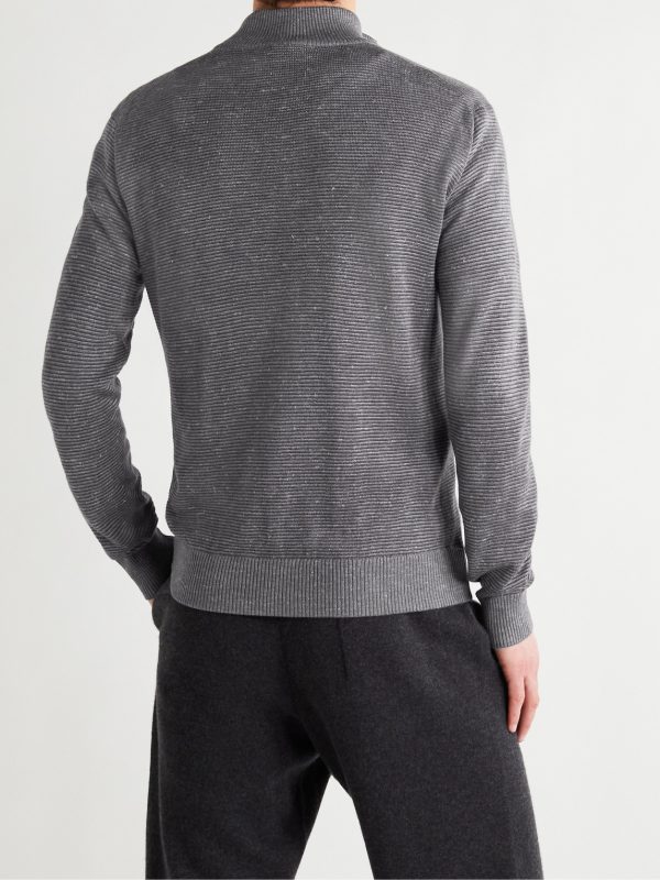 Slim-Fit Ribbed Silk, Cashmere and Linen-Blend Half-Zip Sweater - BK Slim-Fit Ribbed Silk, Cashmere and Linen-Blend Half-Zip Sweater - BK