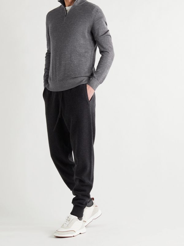 Slim-Fit Ribbed Silk, Cashmere and Linen-Blend Half-Zip Sweater - OU Slim-Fit Ribbed Silk, Cashmere and Linen-Blend Half-Zip Sweater - OU