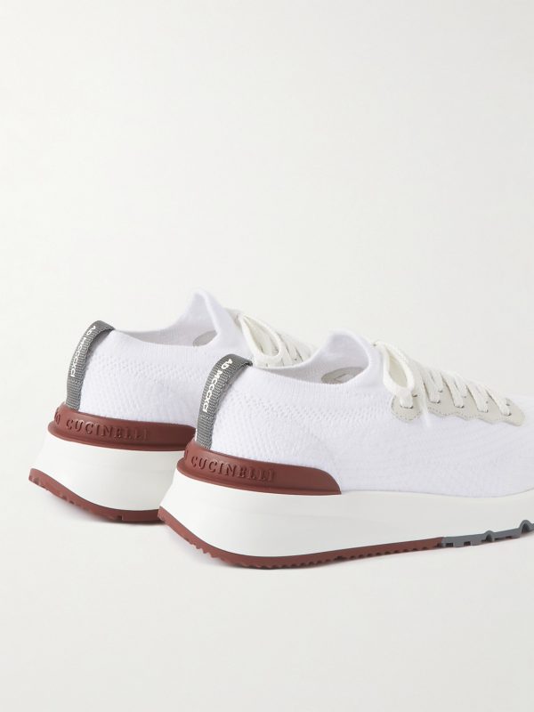 Leather-Trimmed Stretch-Knit Sneakers - BK Leather-Trimmed Stretch-Knit Sneakers - BK